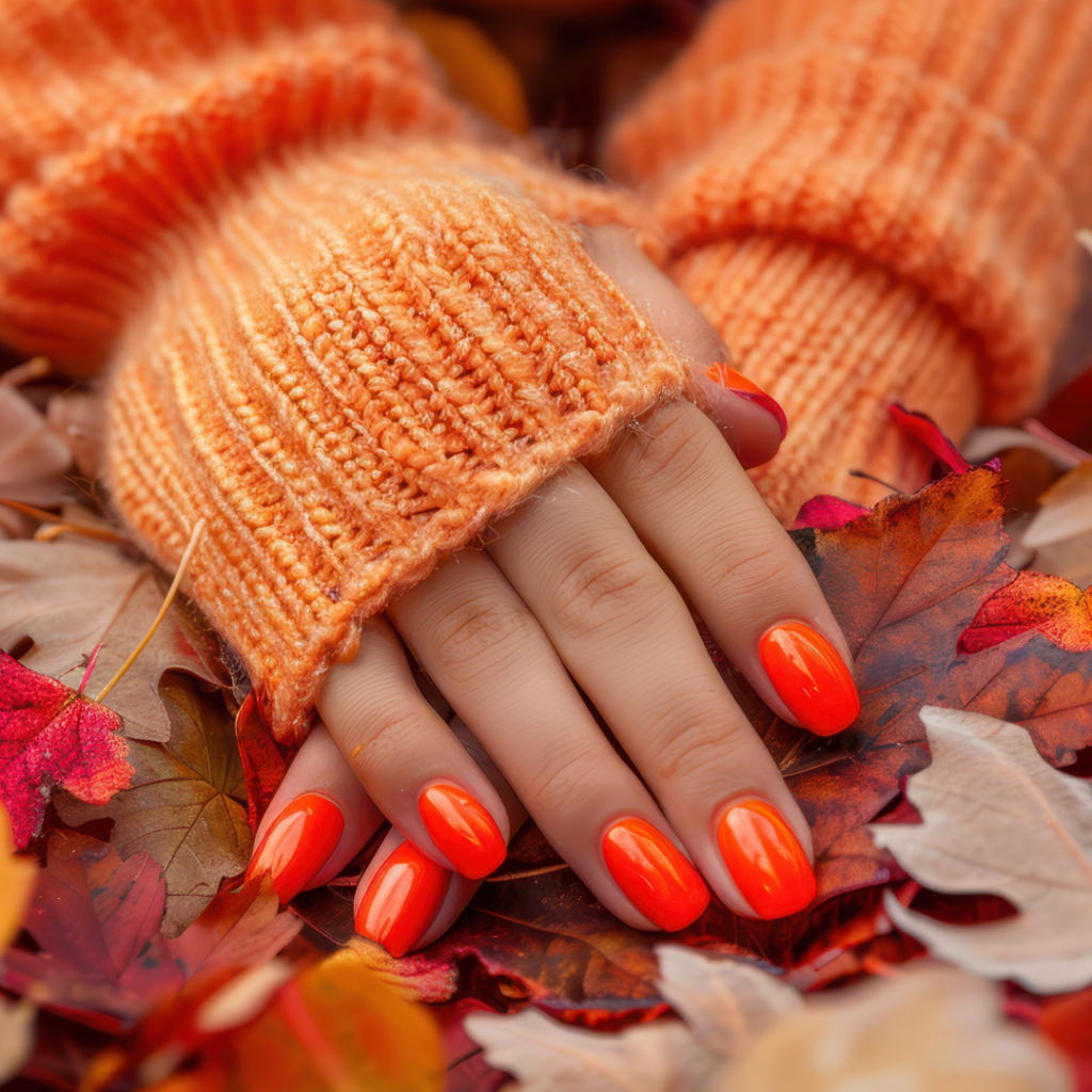 Jesienny manicure z motywem liści w ciepłych odcieniach brązu i pomarańczu. Jesienny manicure z motywem liści w ciepłych odcieniach brązu i pomarańczu.